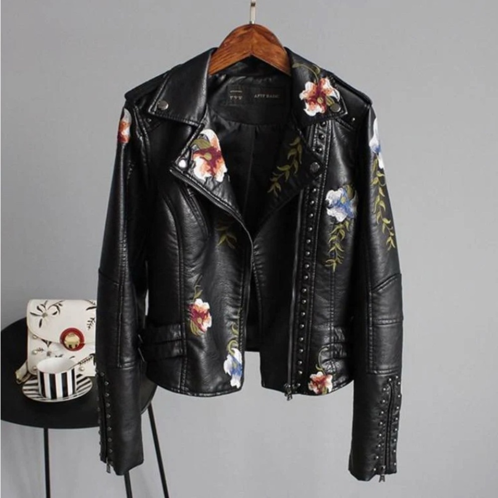MARGARET - JAPANESE STYLE FLOWER EMBROIDERED FAUX LEATHER JACKET